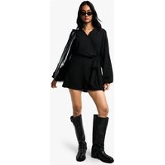 Womens Linen Look Wrap Over Tie Detail Playsuit - Black - 14