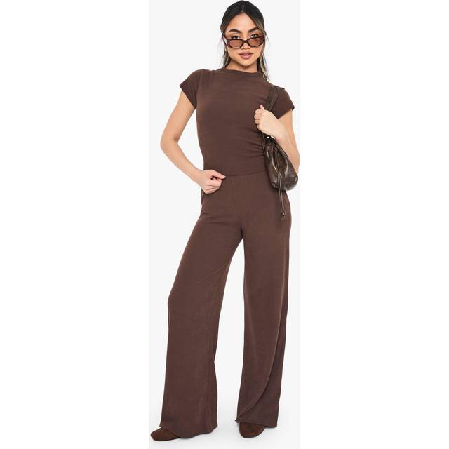 Womens Brushed Rib T-Shirt And Wide Leg Trouser Set - Brown - 10, Brown