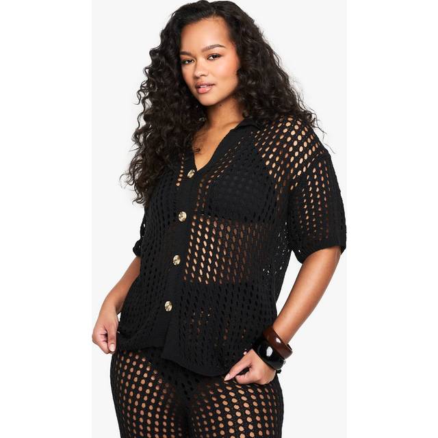 Womens Plus Beach Knit Button Down Shirt - Black - 20, Black