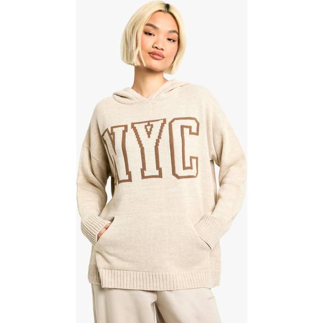 Womens Nyc Knitted Hooded Jumper - Beige - L, Beige