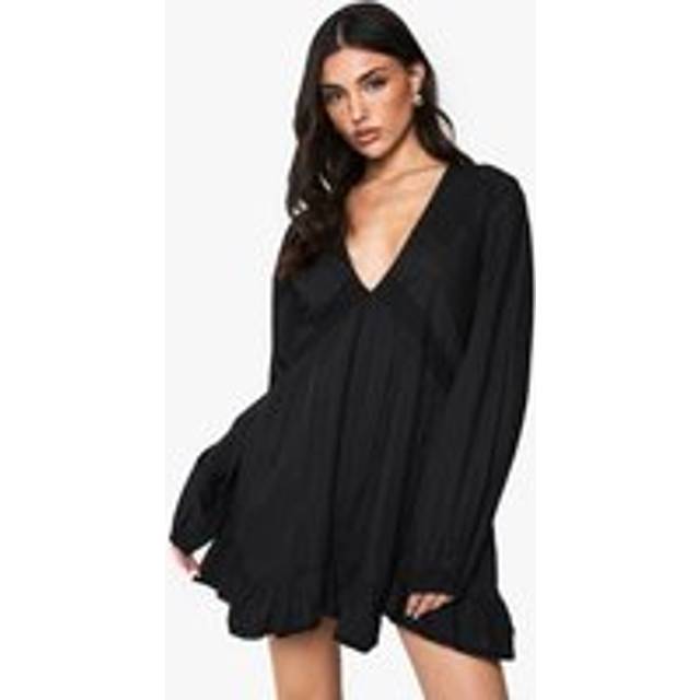 Womens Cotton Lace Trim Long Sleeve Smock Dress - Black - 14, Black