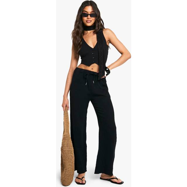 Womens Cheesecloth Tie Waist Straight Leg Trousers - Black - S/M
