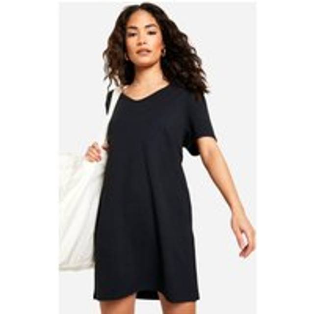 Womens Petite Basic Vneck Oversized T-shirt Dress - Black - 10