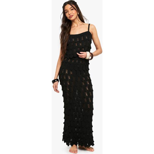 Womens Scallop Detail Knitted Crochet Beach Maxi Skirt - Black - 8