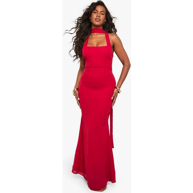 Womens Chiffon Scarf Detail Lace Up Back Maxi Dress - Red - 16