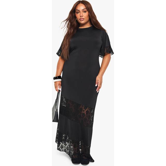 Womens Plus lace insert maxi t-shirt dress - Black - 20