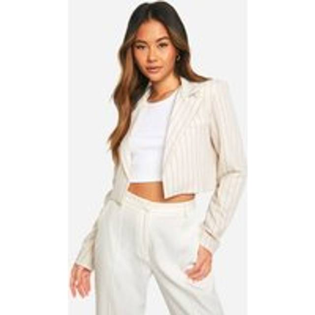 Womens Pinstripe Plunge Lapel Longline Crop Tailored Blazer - Beige - 16, Beige