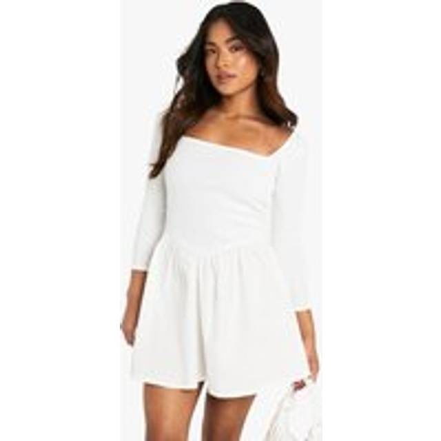Womens Petite Jersey Rib Cotton Mix Long Sleeve Mini Dress - White - 16, White