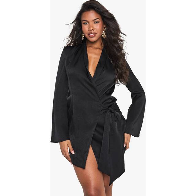 Womens Crinkle Wrap Blazer Dress - Black - 10