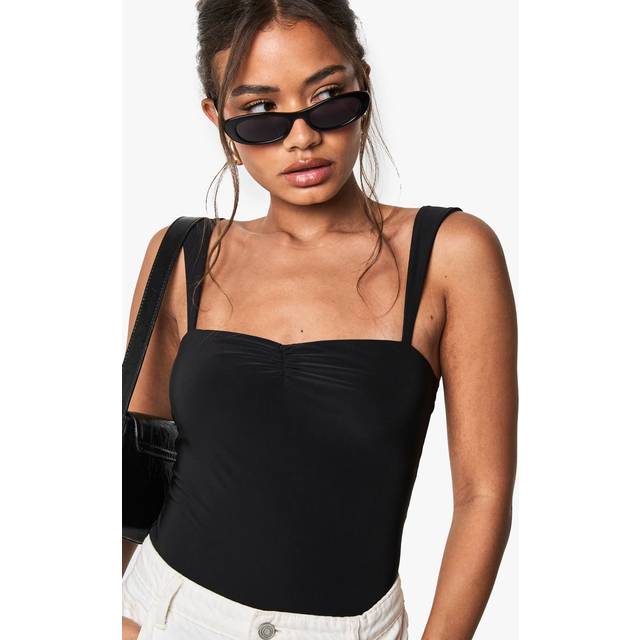Womens Double Layer Slinky Sweetheart Neckline Top - Black - 10, Black