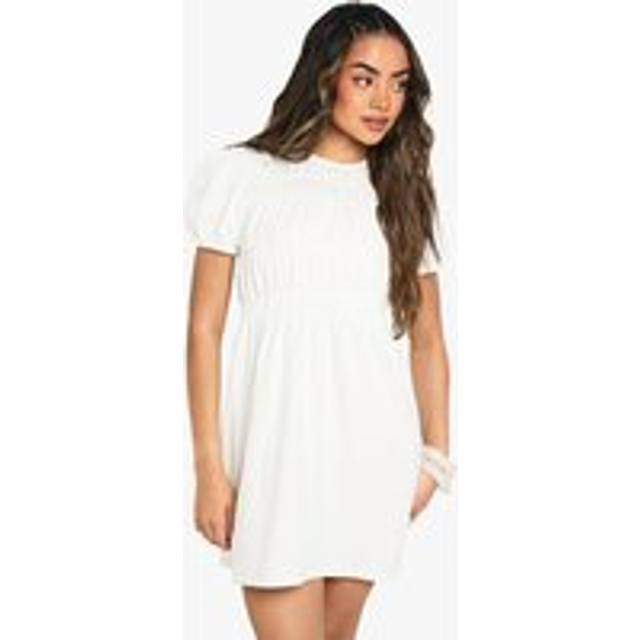 Womens Cotton Shirred Puff Sleeve Smock Dress - White - 14