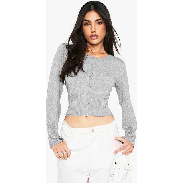 Womens Cinched Waist Crew Neck Knitted Cardigan - Grey - XL