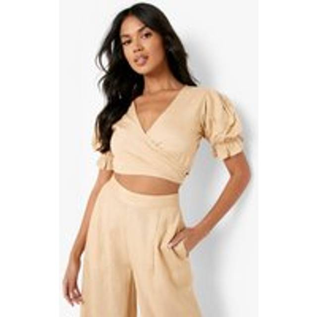 Womens Linen Look Wrap Crop Top - Beige - 16