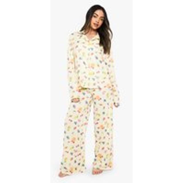 Womens Mixed Fruit Print Long Sleeve Shirt & Trousers Pyjama Set - Yellow - 12