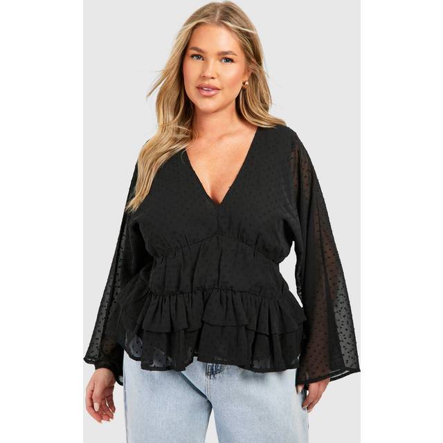 Womens Plus Dobby Plunge Waistband Peplum Top - Black - 28, Black