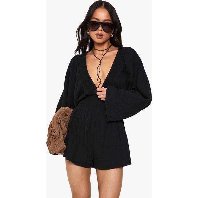 Womens Cheesecloth Plunge Playsuit - Black - 14