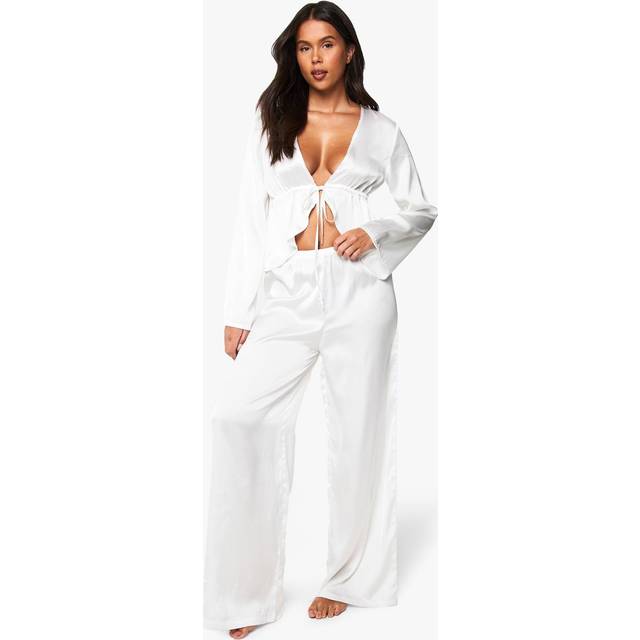 Womens Bridal Tie Front Long Sleeve Top & Trousers Pyjama Set - White - 8, White