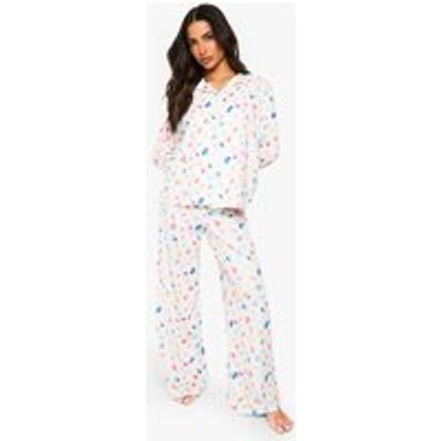 Womens Petite Heart Print Long Sleeve Shirt & Trousers Pyjama Set - White - 6