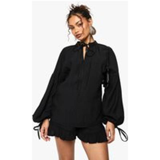 Womens Linen Frill Sleeve Blouse - Black - 10