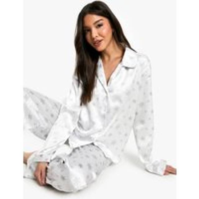 Womens Christmas Snowflake Satin Button Through Shirt & Trouser Pyjama Set - White - 10, White