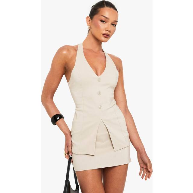 Womens Bengaline V Neck Longline Waistcoat - Beige - 6, Beige