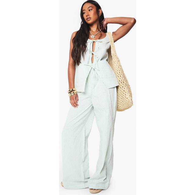 Womens Seersucker Stripe Tie Front Trouser Set - Green - 12, Green