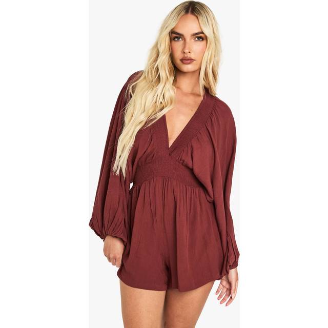 Womens Cheescloth Plunge Long Sleeve Playsuit - Orange - 8
