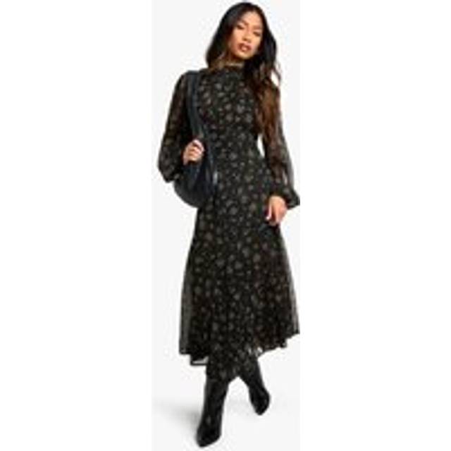 Womens Ditsy Floral Chiffon High Neck Midaxi Dress - Black - 14