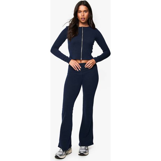 boohoo Women's 2 Tone Rib Zip Up Top & Flared Trouser in Navy | Size: 8
