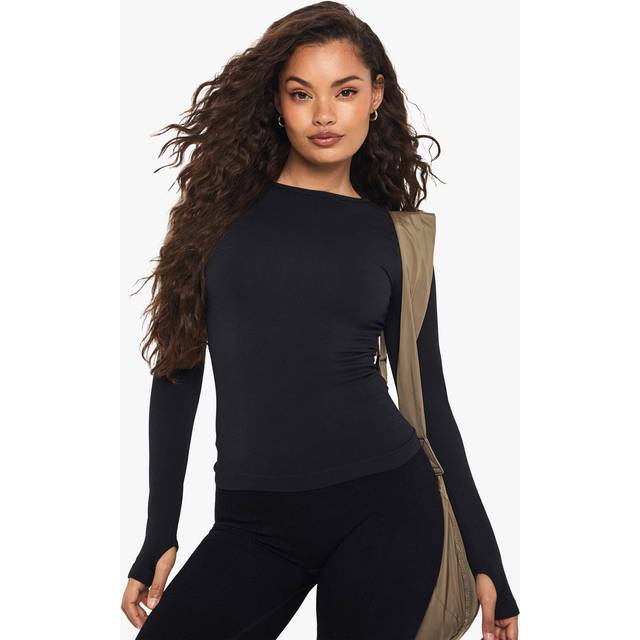 Womens Boohoo Basics Seamless Rib Long Sleeve Top - Black - S