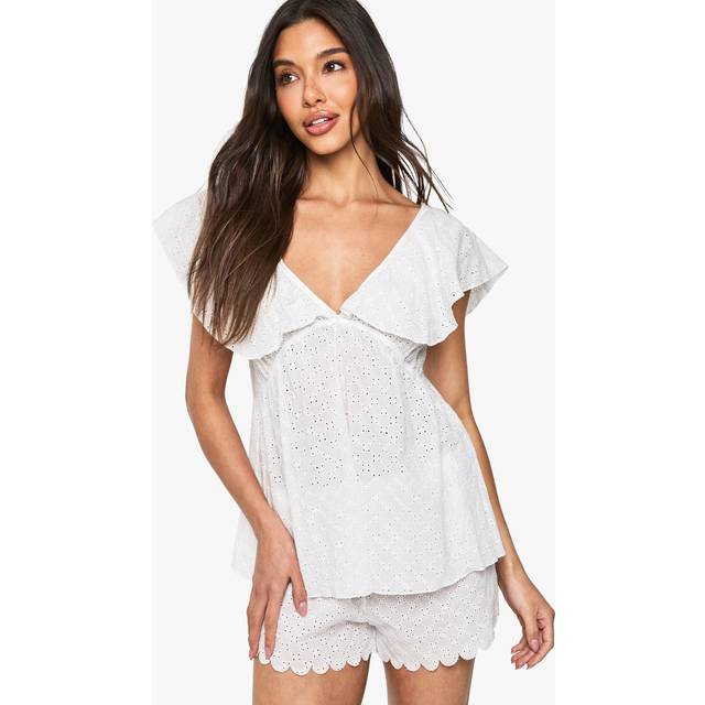 Womens Bridal Broderie Anglaise Frill Cami Top & Shorts Pyjama Set - White - 14, White