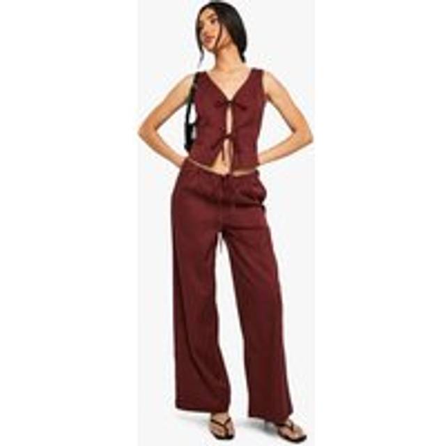 Womens Linen Look Tie Waist Wide Leg Trouser - Brown - 16, Brown