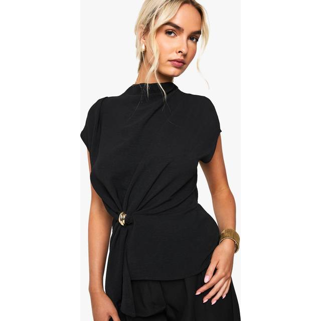 Womens Hammered Gold Trim Cowl Neck Blouse - Black - 6