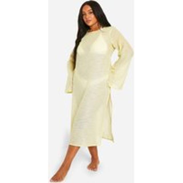 Womens Plus Long Sleeve Thigh Split Maxi Beach Dress - Green - 18, Green