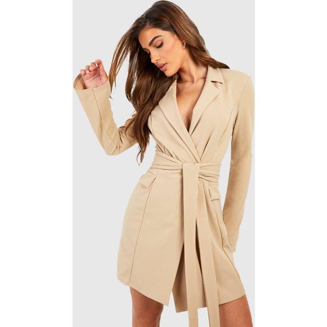 Womens Tie Waist Long Sleeve Blazer Dress - Beige - 18, Beige