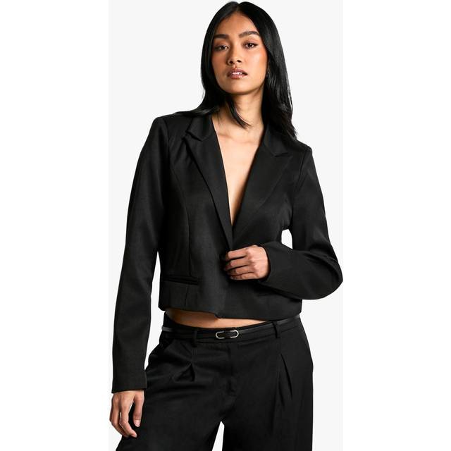 Womens Woven Tailored Boxy Crop Blazer - Black - 16
