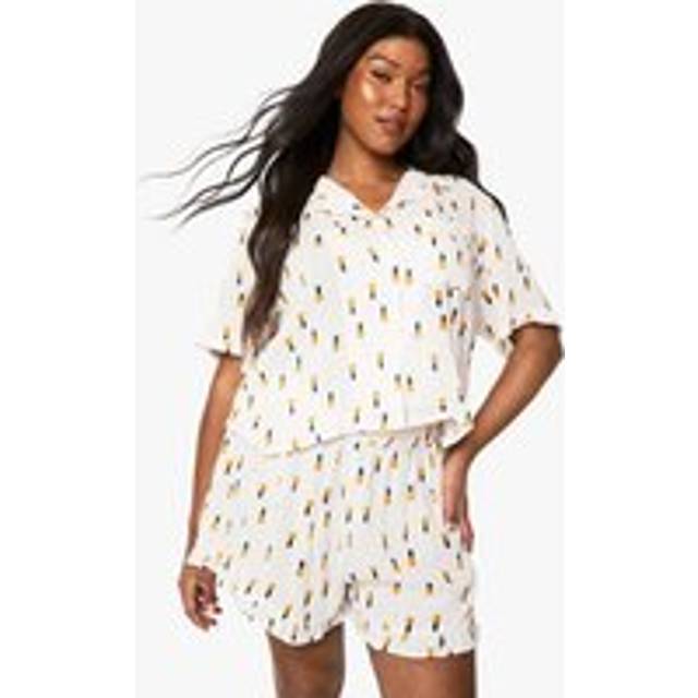 Womens Plus Pineapple Print Cheesecloth Boxy Shirt & Short Pyjama Set - Yellow - 28