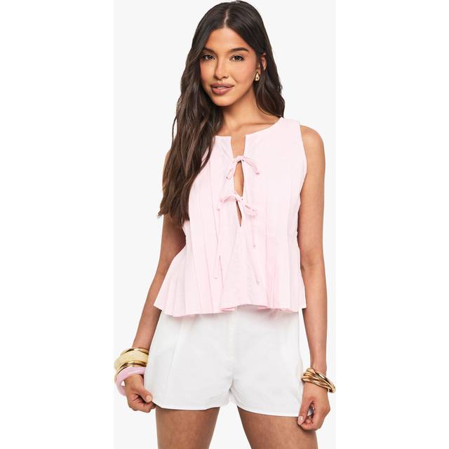 Womens Linen Look Pleated Tie Front Smock Top - Pink - 10, Pink