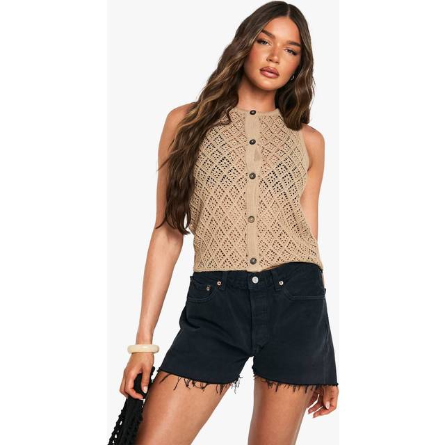 Womens Crochet Button Down Knitted Waistcoat - Beige - M, Beige