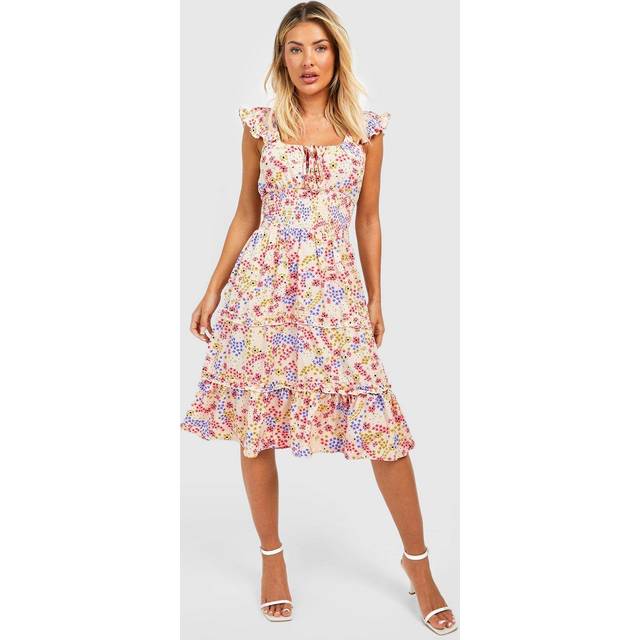 Womens Ditsy Floral Tiered Midi Dress - Cream - 12