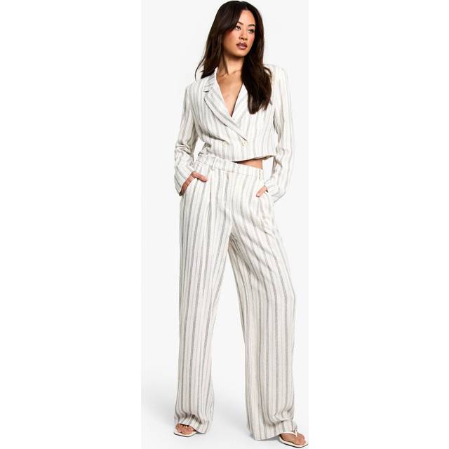 Womens Tall Stripe Linen Look Wide Leg Trouser - Ivory - 14