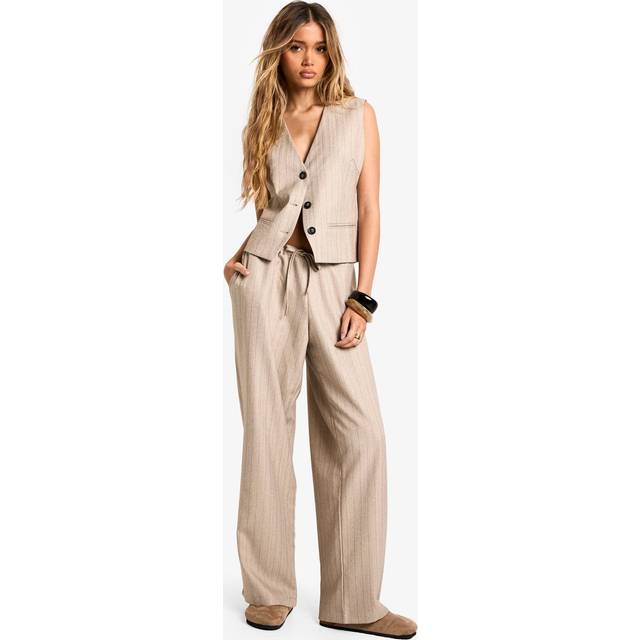 Womens Pinstripe Tailored Wide Leg Trousers - Beige - 14