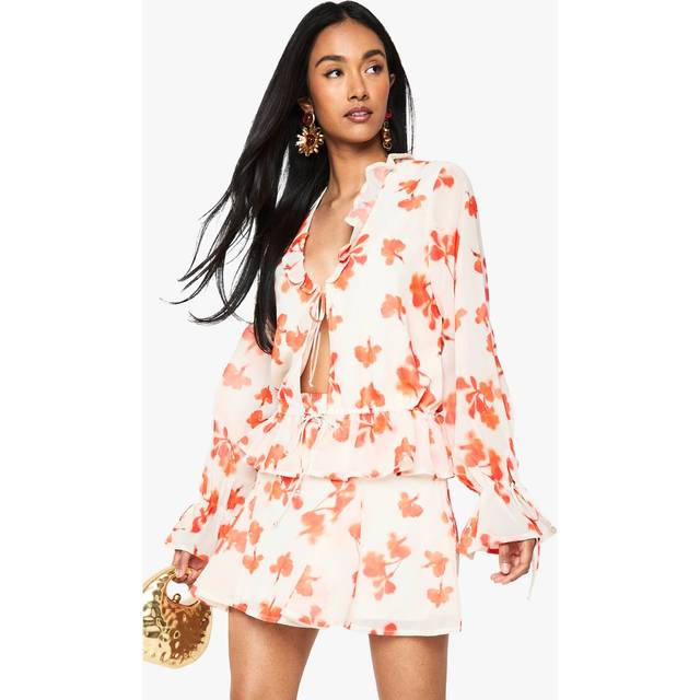 Womens Floral Chiffon Godet Mini Skirt - White - 14, White