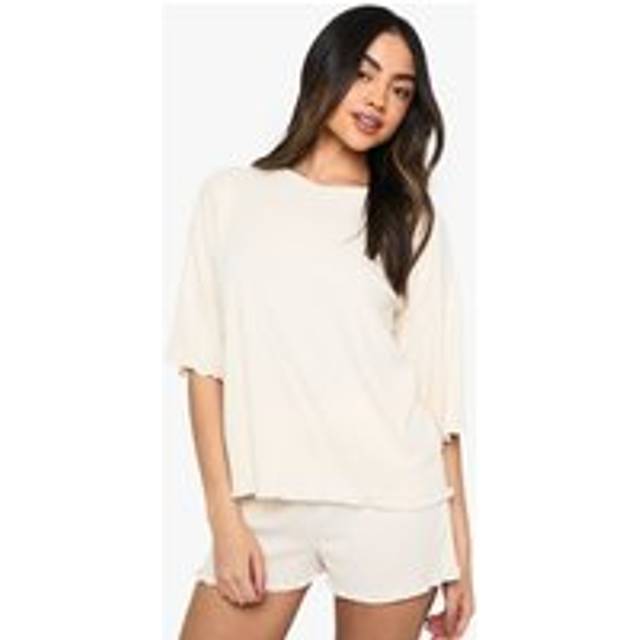 Womens Loungewear Soft Rib Lettuce Hem T-Shirt & Shorts Pyjama Set - White - 6, White