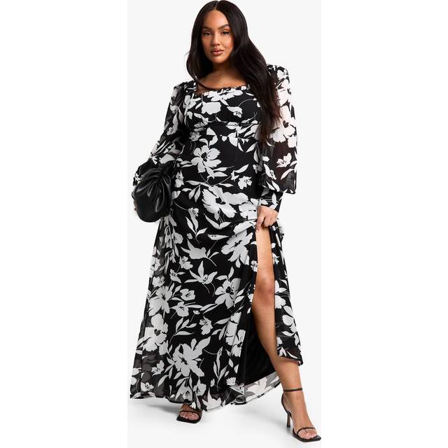 Womens Plus Floral Corset Detail Maxi Milkmaid Dress - Black - 20