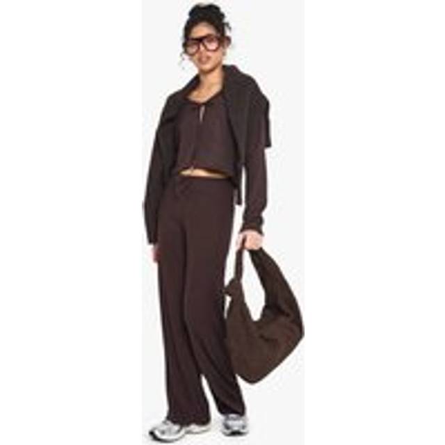 Womens Rib Tie Front Long Sleeve Top And Drawstring Straight Leg Trouser Set - Chocolate - 12