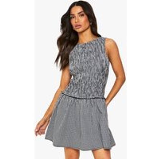 Womens Petite Gingham Round Neck Skater Dress - Black - 10