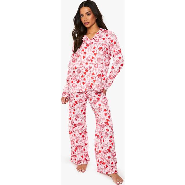 Womens Petite Mixed Bow & Heart Print Long Sleeve Shirt & Trousers Pyjama Set - White - 10
