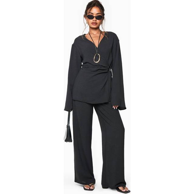 Womens Woven Elastic Waist Wide Leg Trousers - Black - 10