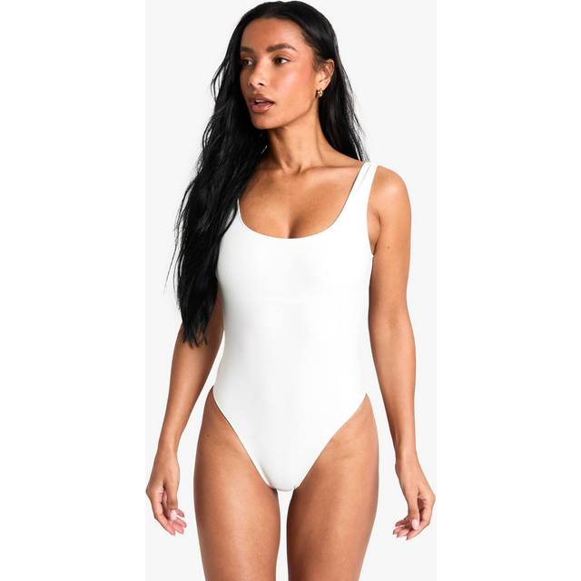 Womens Petite Swimwear Essentials Square Neck Swimsuit - White - 14